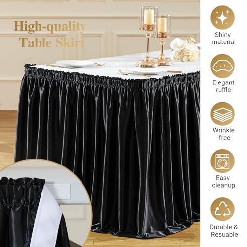 6ft Black Satin Table Skirt, Wrinkle-Free Pleated Spandex for Party Decor