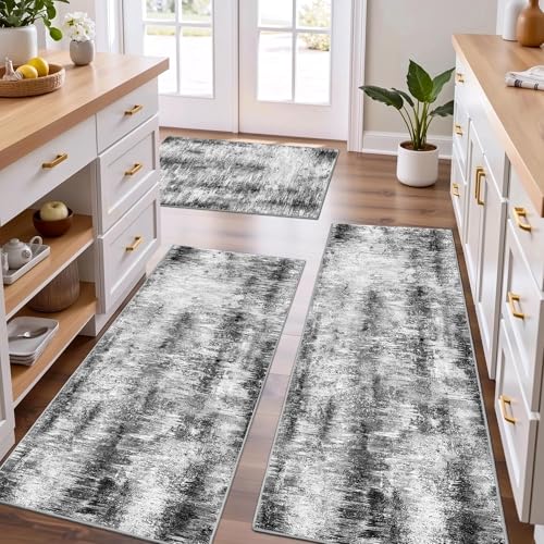 3-Piece Abstract Kitchen Rug Set, Washable Non-Slip Floor Mats, Grey