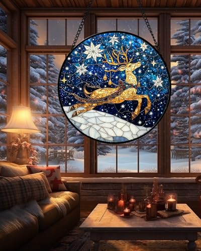 HWRHTR Blue and Gold Stained Glass Reindeer Window Hanging 7.8in Christmas Decor