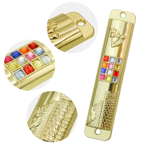 Metal Mezuzah Case with Scroll, 12 Tribes Hoshen Stones, Gold Door Blessing