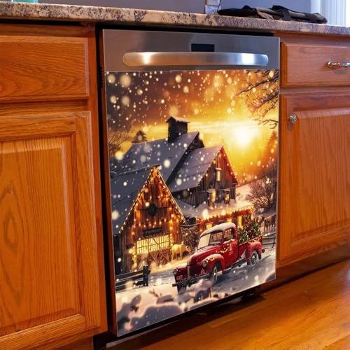 Christmas Red Truck Sunset Wallpaper Magnetic Kitchen Decor - 23W x 26H inches (Variation: Red Truck 4)