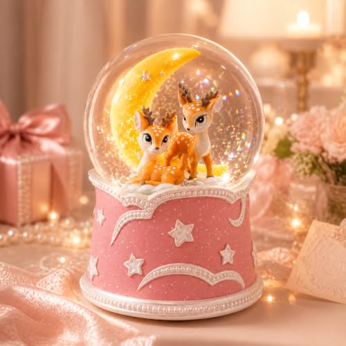Pink Deer Snow Globe Music Box with Glowing Moon and Stars