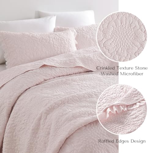 Pink Ruffled Quilt Set Queen - 3 Piece Stone-Washed Microfiber Bedding