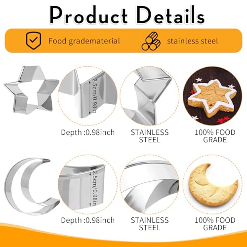 Stainless Steel Star & Moon Cookie Cutters Set, 2-Piece Large Shapes for Baking