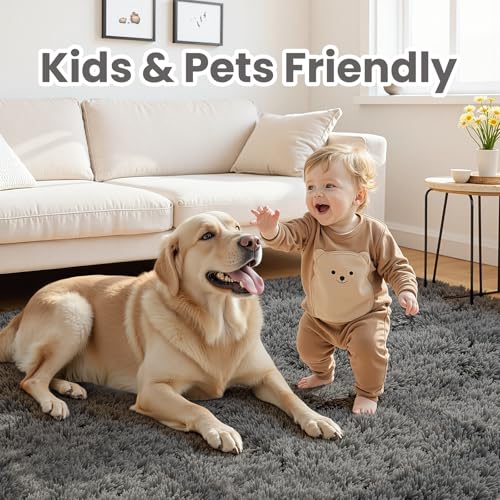 8x10 Grey Shag Area Rug, Ultra Soft Plush Carpet with Memory Foam Backing