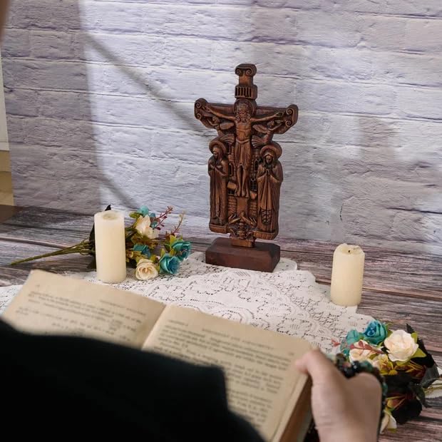 bgcarpenter 10-Inch Wooden Crucifix Cross with Stand – Handmade Beechwood