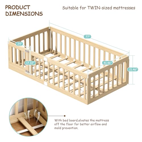 Twin Montessori Floor Bed Frame with Guardrails and Door Latch, Natural Wood