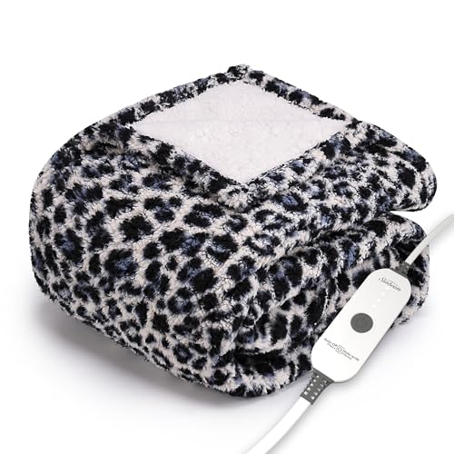 Royal Sherpa Heated Throw Blanket with Foot Pocket, 50" x 60", Blue Leopard