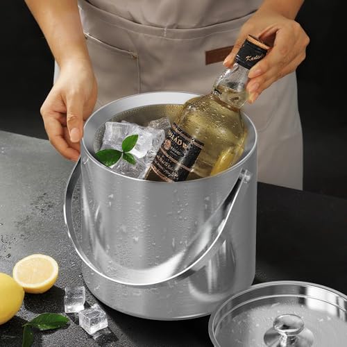Stainless Steel 3L Double Wall Ice Bucket with Lid, Tongs & Scoop for Cocktails & Party Drinks