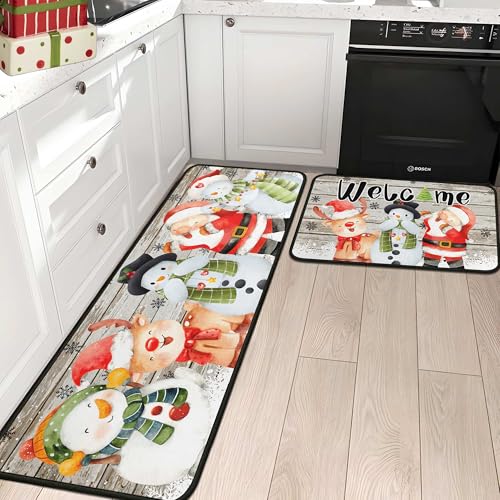 PyreneanHaven Snowman Christmas Kitchen Mats - 2-Sheet Set (17x47 and 17x30) Non-Slip Welcome Rugs