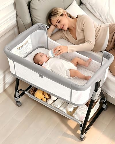 Adjustable Baby Bedside Sleeper Bassinet with Mattress & Wheels - Gray