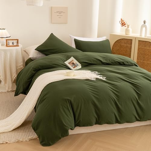 100% Washed Cotton Queen Duvet Cover Set - 3 Piece Bedding (Avocado Green)