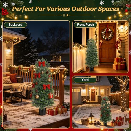 Dark Green 4FT Artificial Cypress Topiary Trees with Pots - Set of 2 Outdoor Decor