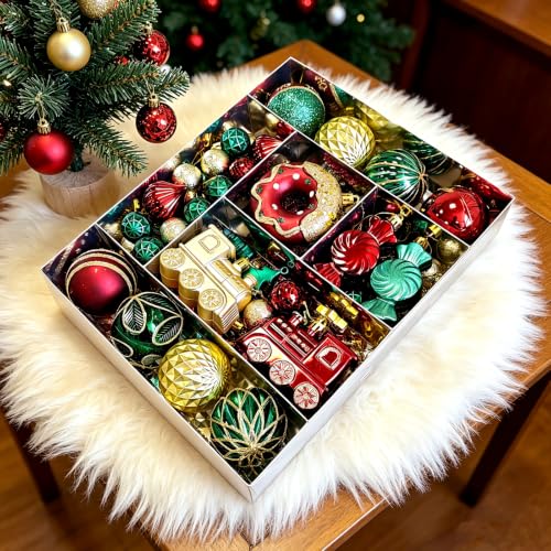 82-Piece Christmas Ornament Set - Red Green Gold Assorted Plastic Ball, Snowflakes, Icicles & Train Decorations