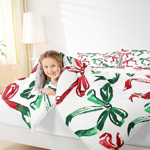 Erosebridal Watercolor Kids Bedding Set Full Size Bowknot Comforter with Pillowcases - Red Green