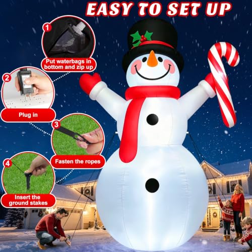 12FT Large Snowman Christmas Inflatable with Candy Cane - LED Light-Up Outdoor Decoration