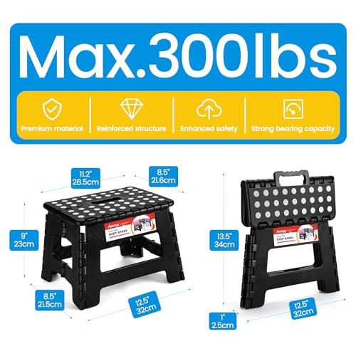 ACSTEP 9 Inch Folding Step Stool, Heavy Duty Collapsible Foot Stool with Handle, Black