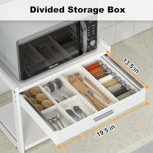 REALINN Microwave Stand with Pull-Out Drawer & Adjustable Shelf, 4 Hooks