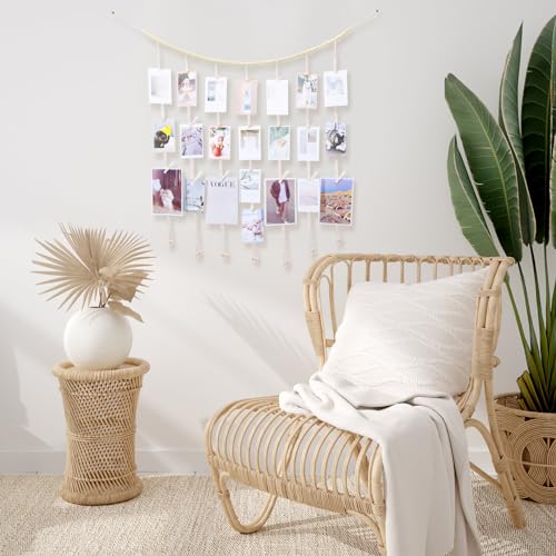 Boho Macrame Hanging Photo Display with LED Lights and 50 Wooden Clips