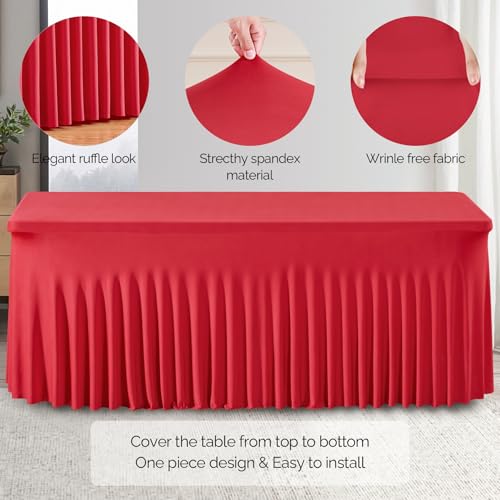 Wish Care 8ft 2-Pack Red Spandex Tablecloths – Fitted Wrinkle-Free Table Covers for 8 Foot Rectangle Tables, Ruffled Edge, Party & Wedding