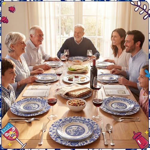Yungyan 6 Pack 13in Blue & White Christmas Porcelain-Style Plastic Charger Plates (Passover Embroidery / Blue) - Non-Disposable