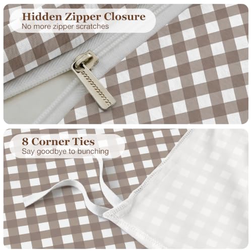 Brown Gingham Duvet Cover Set Queen Size - Soft Microfiber Bedding