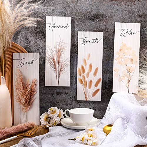 4-Piece Boho Wooden Bathroom Wall Art Set, Rustic Relax Soak Unwind Decor