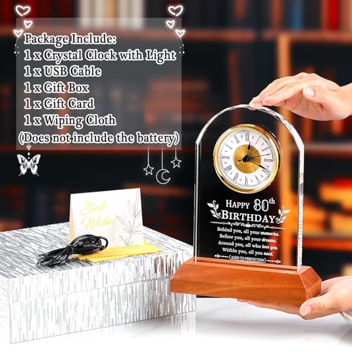 80th Birthday Crystal Quartz Clock Keepsake with Wooden LED Light Base