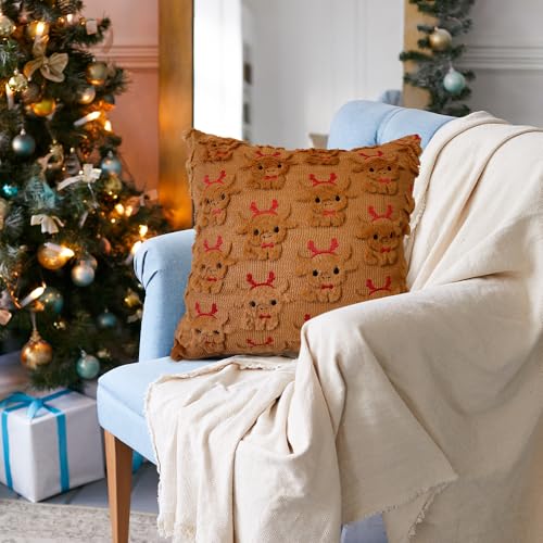 OECTVD Brown Highland Cow Holiday Throw Pillow Cover 18x18 Set of 2 with Elk Headband