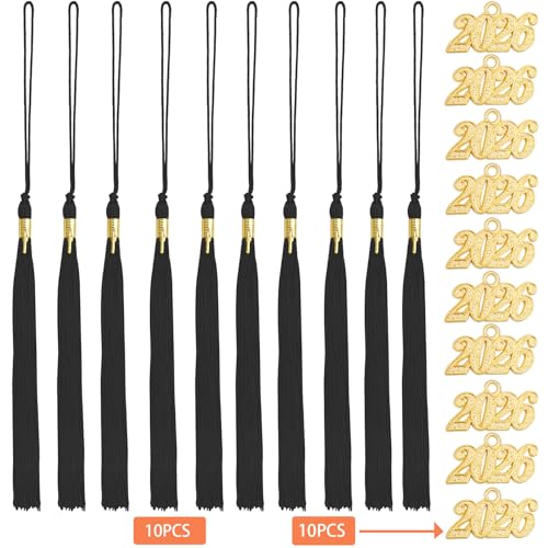 10-Pack Black Graduation Tassels with 2026 Gold Year Charms for Caps