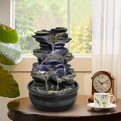 15.7" Tabletop Water Fountain with LED Lights - 5-Tier Indoor Rock Waterfall