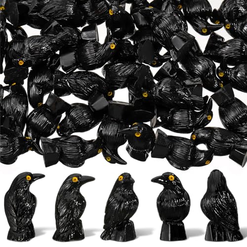 50 Pcs Halloween Miniature Crow Figurines - Black Resin Tiny Raven Decor