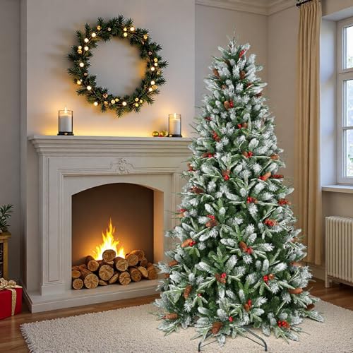 Trygoal 5FT Artificial Christmas Tree with Snow-Dusted Tips, Red Berries & Pine Cones, Pre-Decorated, Green, Hinged Stand