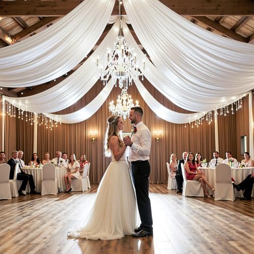 White Ceiling Drapes 6 Panels 5x20ft - Wrinkle Free Canopy Fabric Curtains