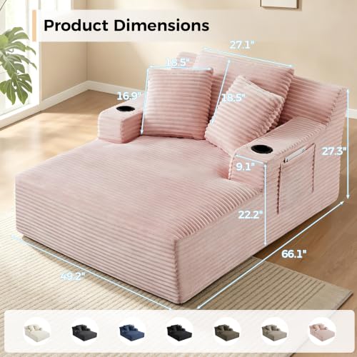 66" Oversized Corduroy Chaise Lounge Chair with Cup Holders and Storage