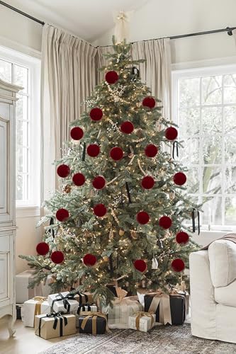 Briful 3.94 Inch Burgundy Velvet Christmas Ornaments Set - 9 Large Soft Matte Holiday Baubles for Tree & Decor