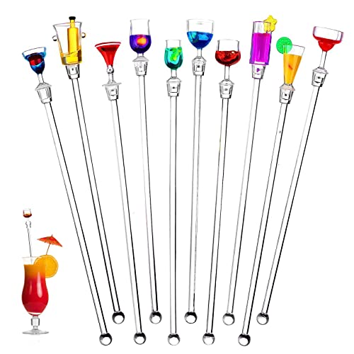 Acrylic Cocktail Stirrer Sticks Pack of 10 - Reusable Colorful Bar Mixing Spoons