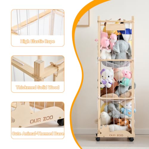56-Inch Stuffed Animal Storage Zoo Tower with Wheels, Wooden Toy Organizer