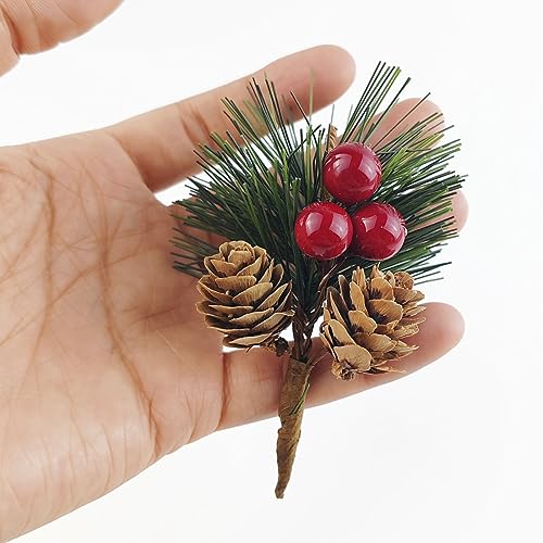 25PCS Artificial Pine Picks with Red Berries & Pinecones – Fake Pine Branches for Christmas Crafts