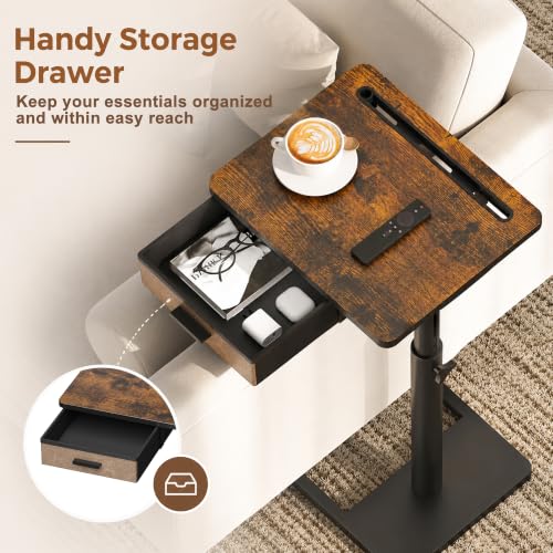 C-Shaped Height Adjustable Side Table with Drawer and Swivel Top