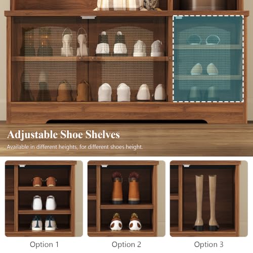 39.4-Inch Hall Tree with LED Lights, Rattan Entryway Bench & Shoe Storage