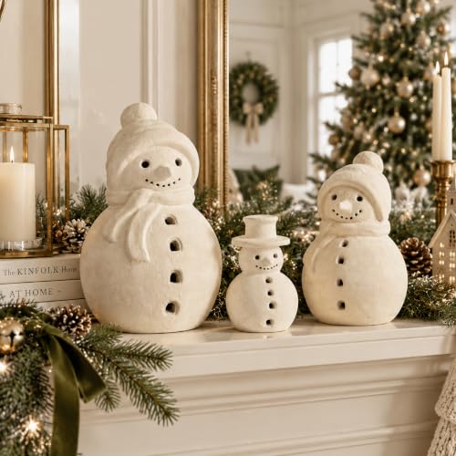 Skylety Rustic Terracotta LED Snowman Figurines Set - Christmas Decor, Battery-Powered Lights