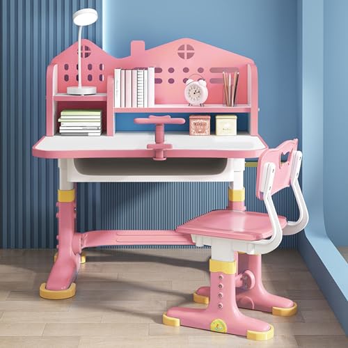 Height Adjustable Kids Study Desk and Chair Set with Storage Drawer - Pink