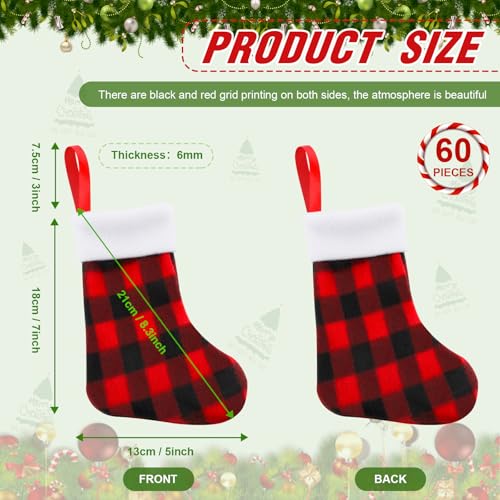 BBTO 60 Pieces Christmas Mini Stockings Buffalo Plaid 7 Inches Red & Black