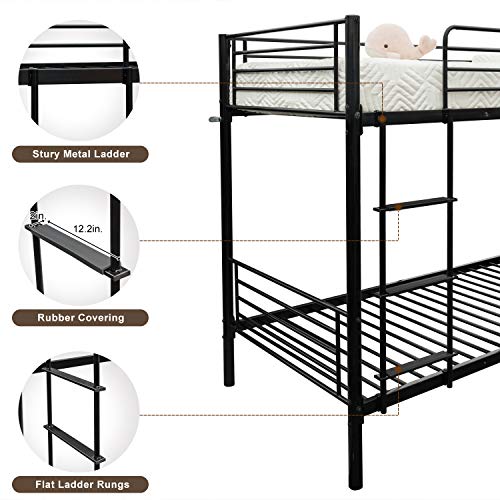 Heavy Duty Twin Over Twin Metal Bunk Bed with Safety Guardrail and Ladder