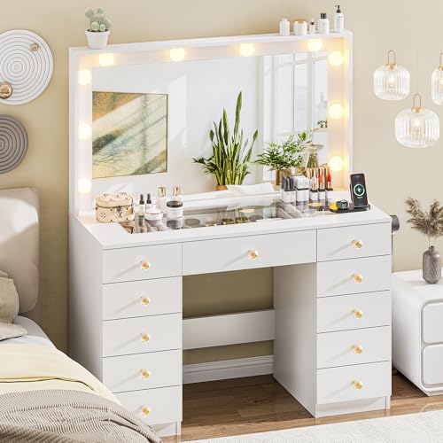 Vanity Desk with Large Lighted Mirror, 11 Drawers and Power Outlet