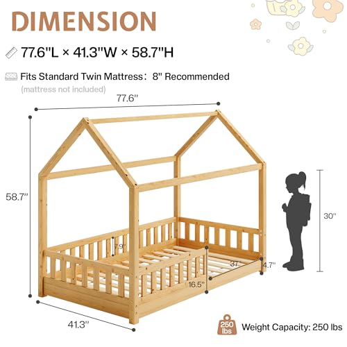 Solid Wood Twin House Bed for Kids with Guardrails and Playhouse Roof