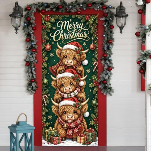 White Highland Cow Christmas Door Cover 35x79in - Holiday Seasonal Decor