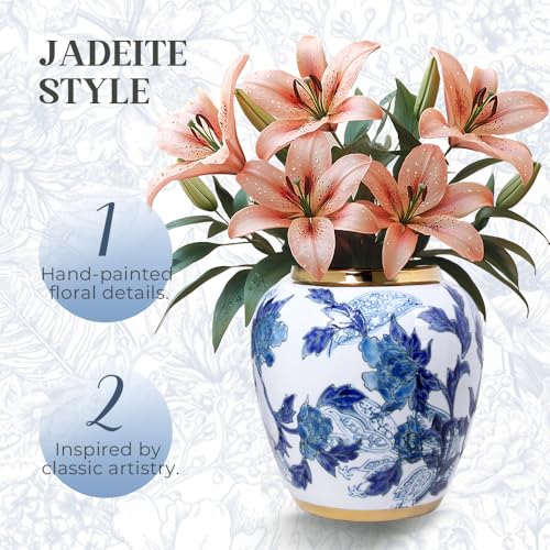 Andaliz 11-Inch Blue and White Ginger Jar Vase with Gold Trim - Decorative Porcelain