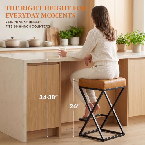 VATROS Walnut Counter Height Bar Stools Set of 2 - Faux Leather, 26 Inch, Backless
